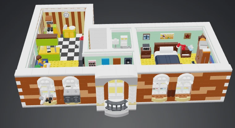 A Mecabricks render of a LEGO recreation of Emmet's apartment seen from above with the roof off: a kitchen with a striped wall and checkered floor on the left, a small bathroom in the middle and a bedroom with a navy bed on the right, all behind a brown brick front wall with arched windows