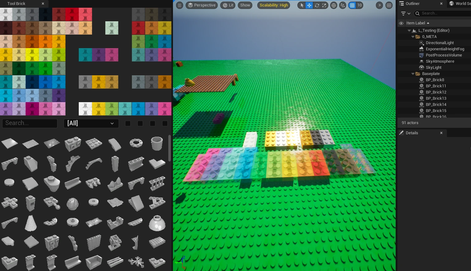 The Tool Brick panel with rows of colour swatches above a grid of grey part tiles, next to a viewport where rows of bricks in many colours, including clear and transparent ones, sit on a green baseplate