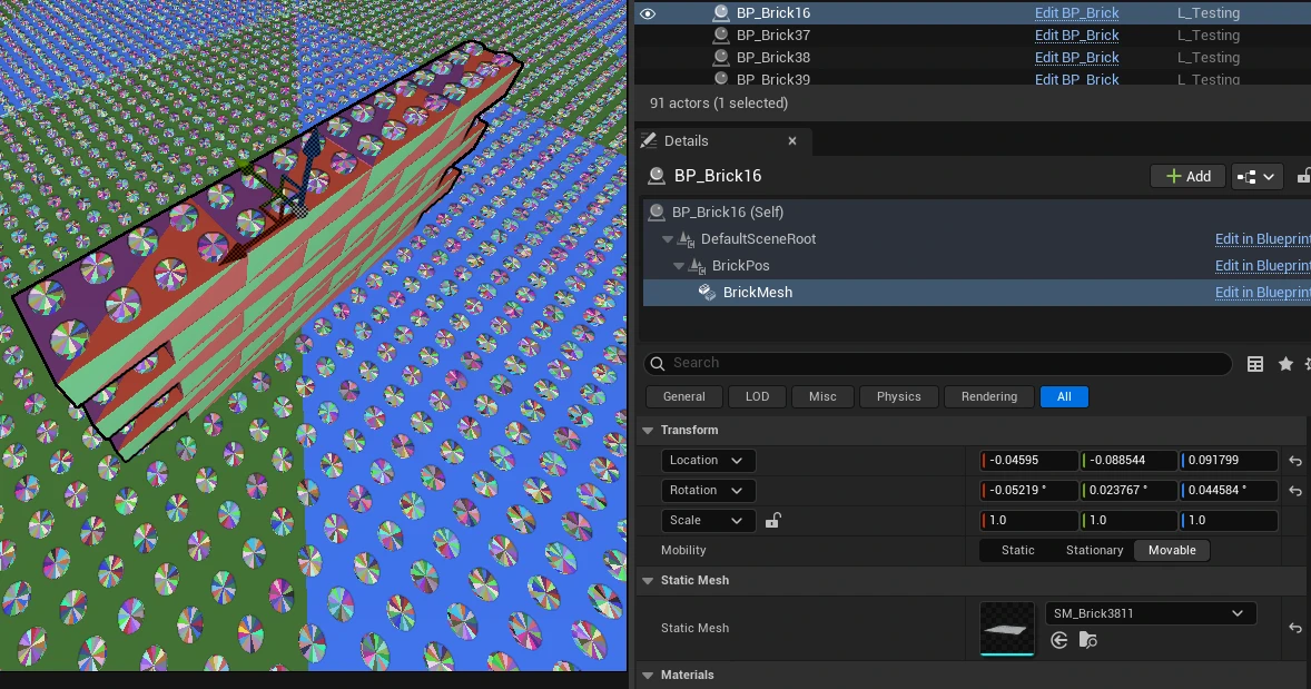 The Nanite cluster visualisation in the viewport, bricks and a baseplate broken up into small multicoloured patches, next to the details panel for a brick Blueprint with a BrickPos scene component holding a BrickMesh instanced static mesh, its transform showing location and rotation offsets of a few hundredths