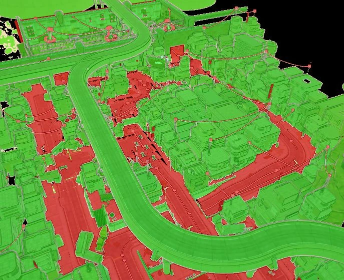 The level from above in the Nanite mask view, most of the buildings and the highway in green and the roads and pavements in red