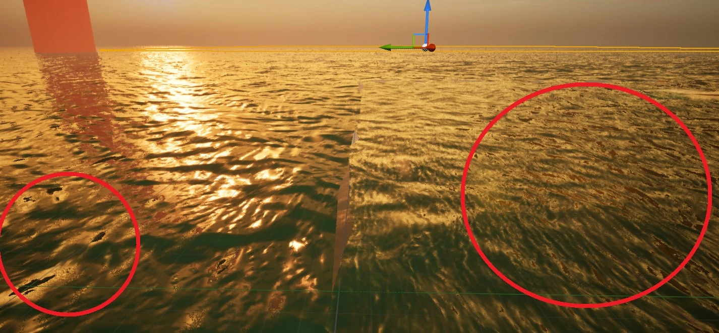 The ocean at golden hour, with two red circles marking black specks and brown streaks in the reflection