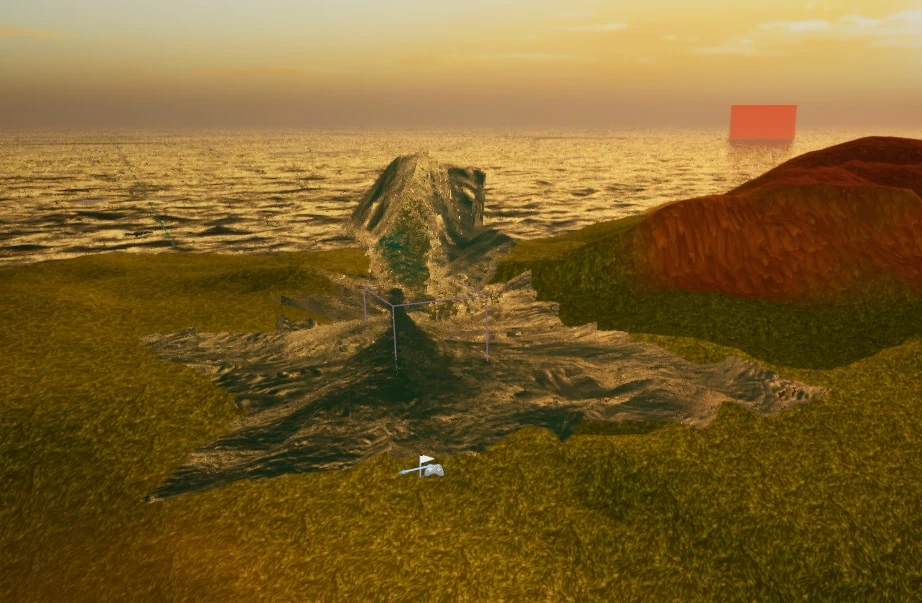 A crumpled spike of water rising out of the landscape at the world origin, where the wave offsets accumulate