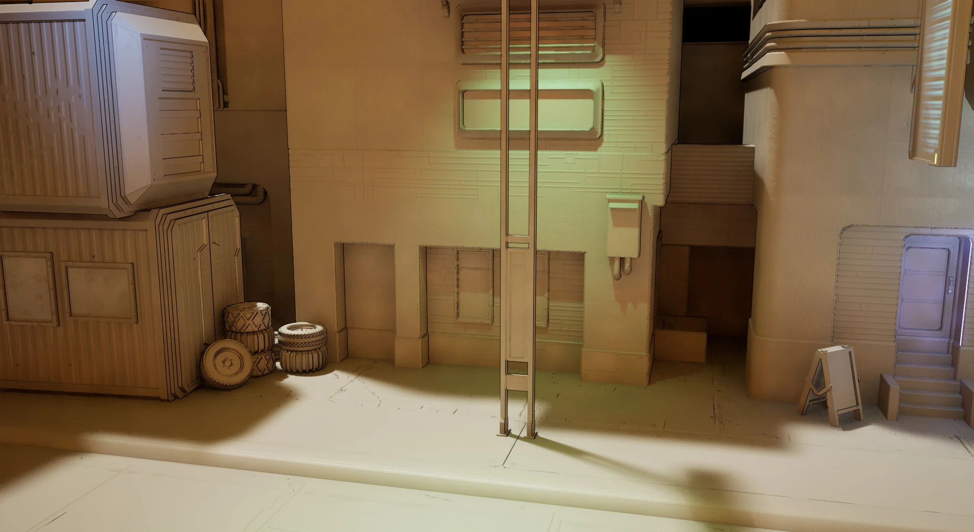 A clay render of a street corner with no textures, the outline picking out panel seams, window frames, a stack of tyres, a street pole, a wall box and a sandwich board