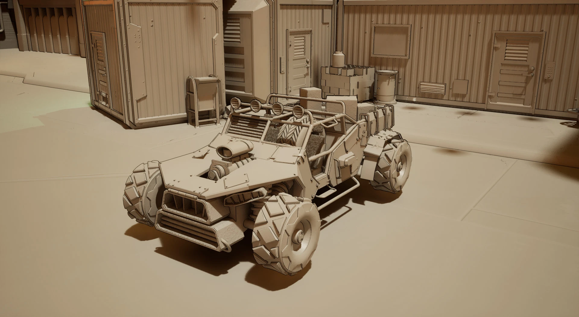 A clay render of a dune buggy in lighting only mode, black outlines tracing its roll cage, lamps, wheel treads, panels and bolts, parked in front of corrugated container buildings