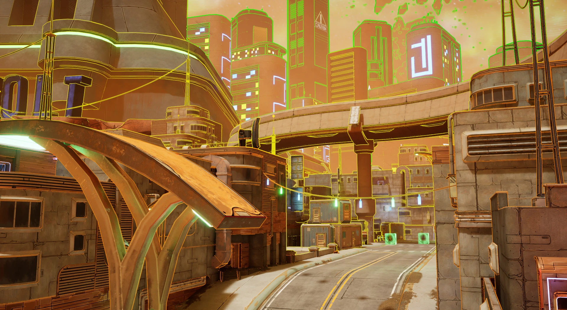 A Lectra City street with the outline debug colours on: outlines on the nearest canopy and road drawn in orange and red, the overpass and mid distance buildings outlined in yellow, and the distant skyscrapers outlined in bright green