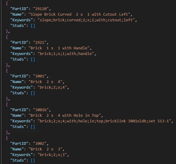 A section of the generated part list in a code editor, one JSON entry per part with a PartID, a Name such as Brick 2 x 4 or Slope Brick Curved 2 x 1 with Cutout Left, a semicolon separated Keywords string and an empty Studs array