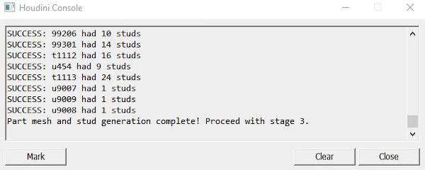 The Houdini console listing the last work items, lines such as SUCCESS: 99301 had 14 studs and SUCCESS: u9008 had 1 studs, ending with Part mesh and stud generation complete! Proceed with stage 3
