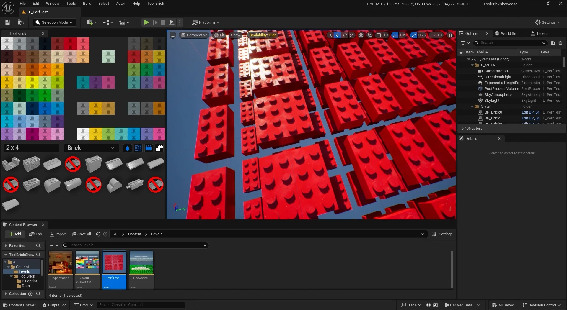 The Unreal editor on the L_PerfTest level, the viewport filled with rows of red bricks receding into the distance, the outliner reporting 6,406 actors and the stat bar reading 92.9 FPS at 10.8ms