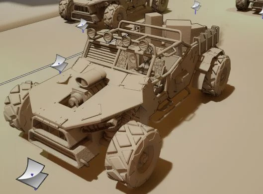 A clay render of an armoured buggy prop placed on a street, with more parked vehicles behind it