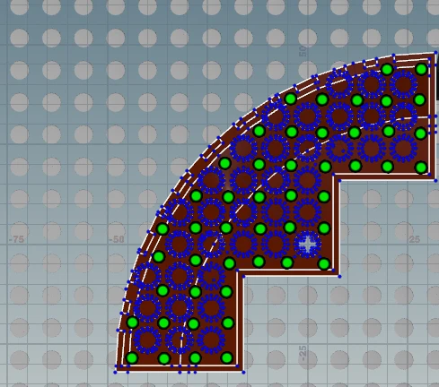 A quarter round LEGO part seen from underneath in Houdini, dark red, covered in blue rings where the underside tubes are, with bright green points marking positions between the rings across the whole curved shape