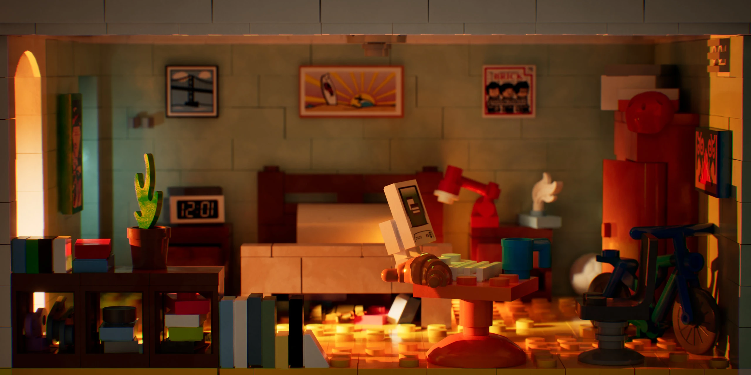 The finished bedroom straight out of Unreal, the arched window glowing on the left, posters on the grey-green brick wall, the bed, a red wardrobe, a bike and a computer on a round table, lit warm orange