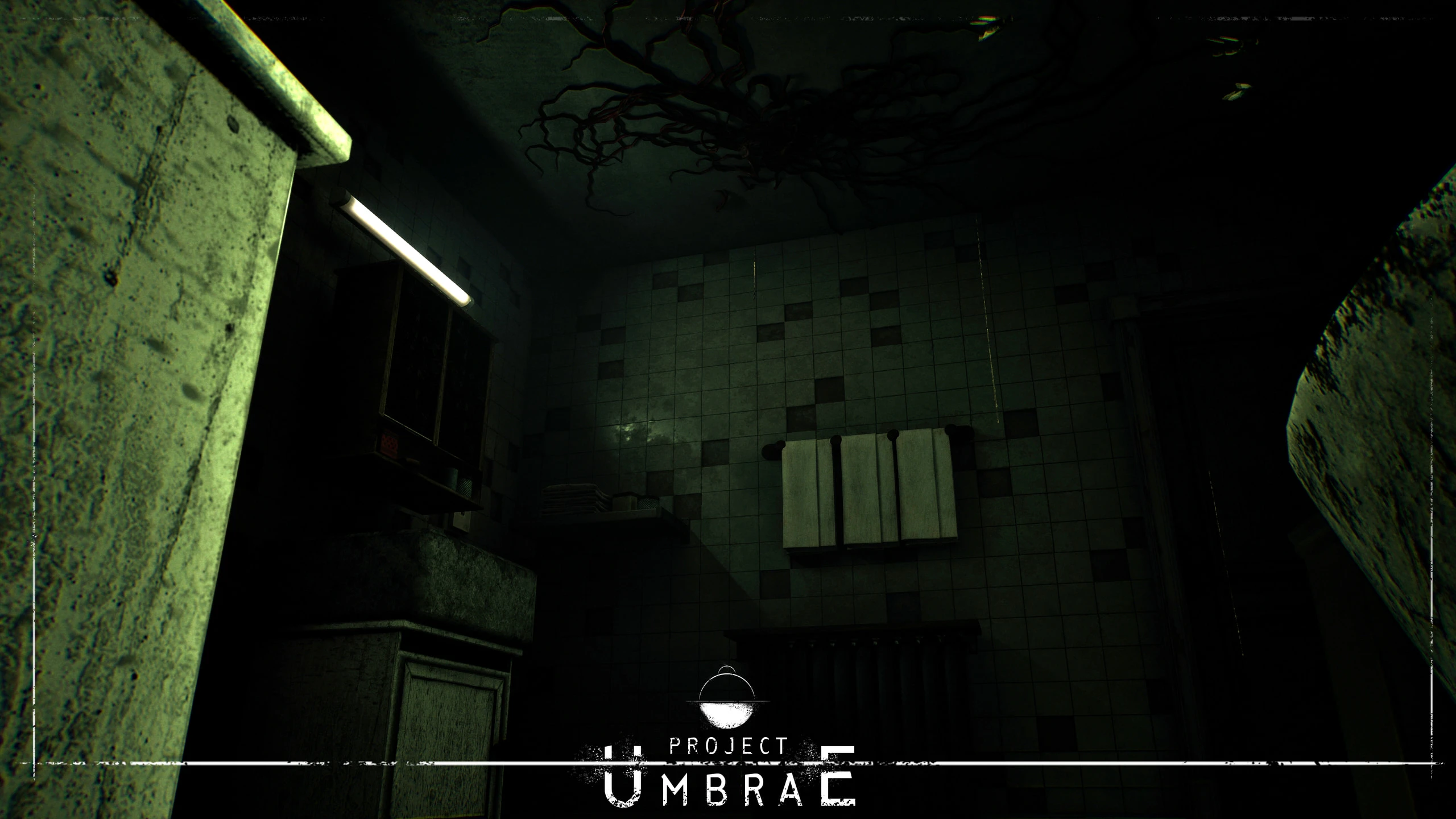 A tiled bathroom washed in green light from a strip light, dark branching tendrils across the ceiling above a rail of white towels, with the Project UMBRAE logo overlaid at the bottom