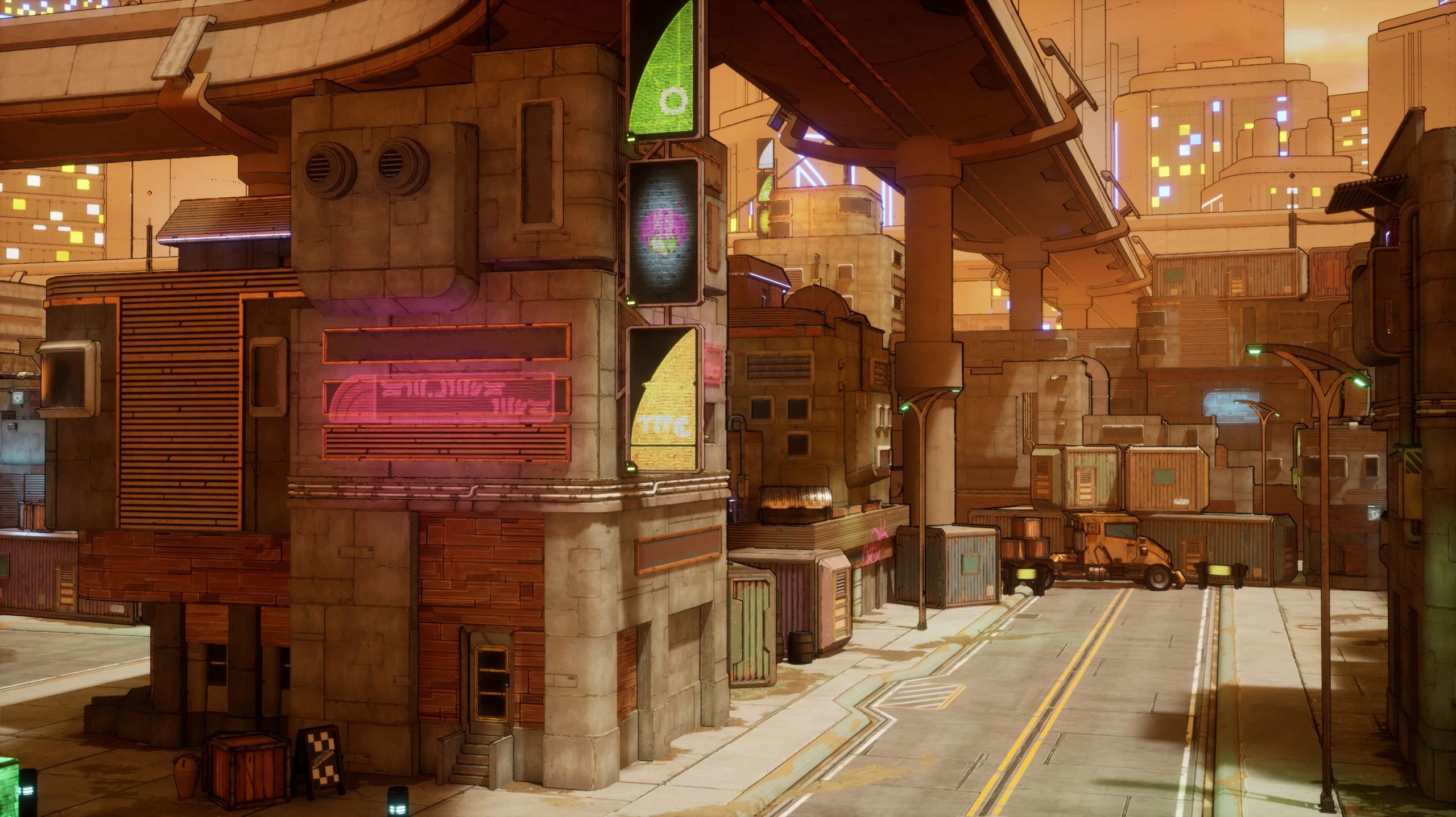 A street corner of stacked concrete buildings with a pink neon sign and three tall screen signs, the road running off under a raised highway past containers and a parked truck