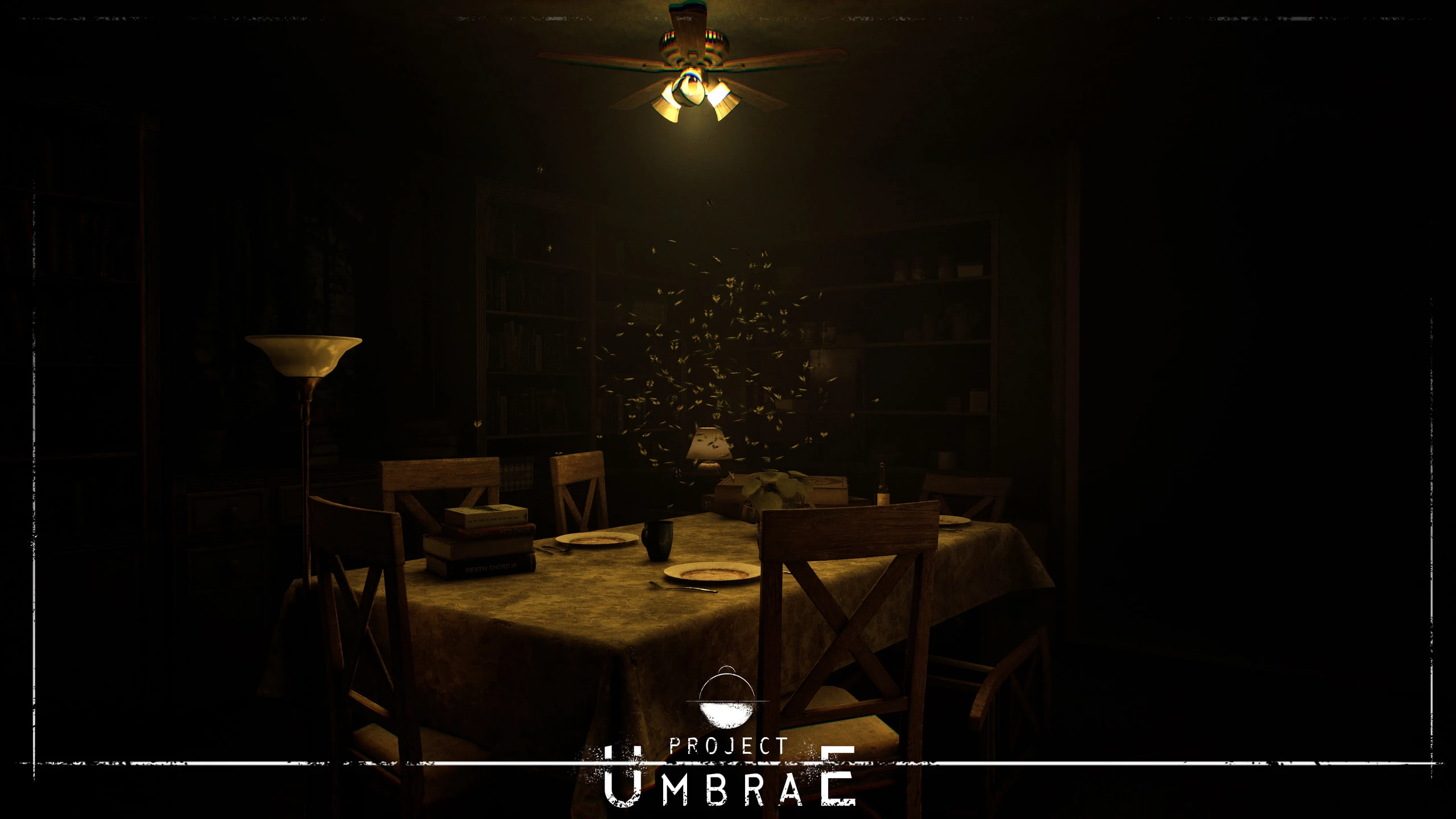 A dark dining room lit by a ceiling fan light over a table laid with plates, flies swarming above the centrepiece, with the Project UMBRAE logo overlaid at the bottom