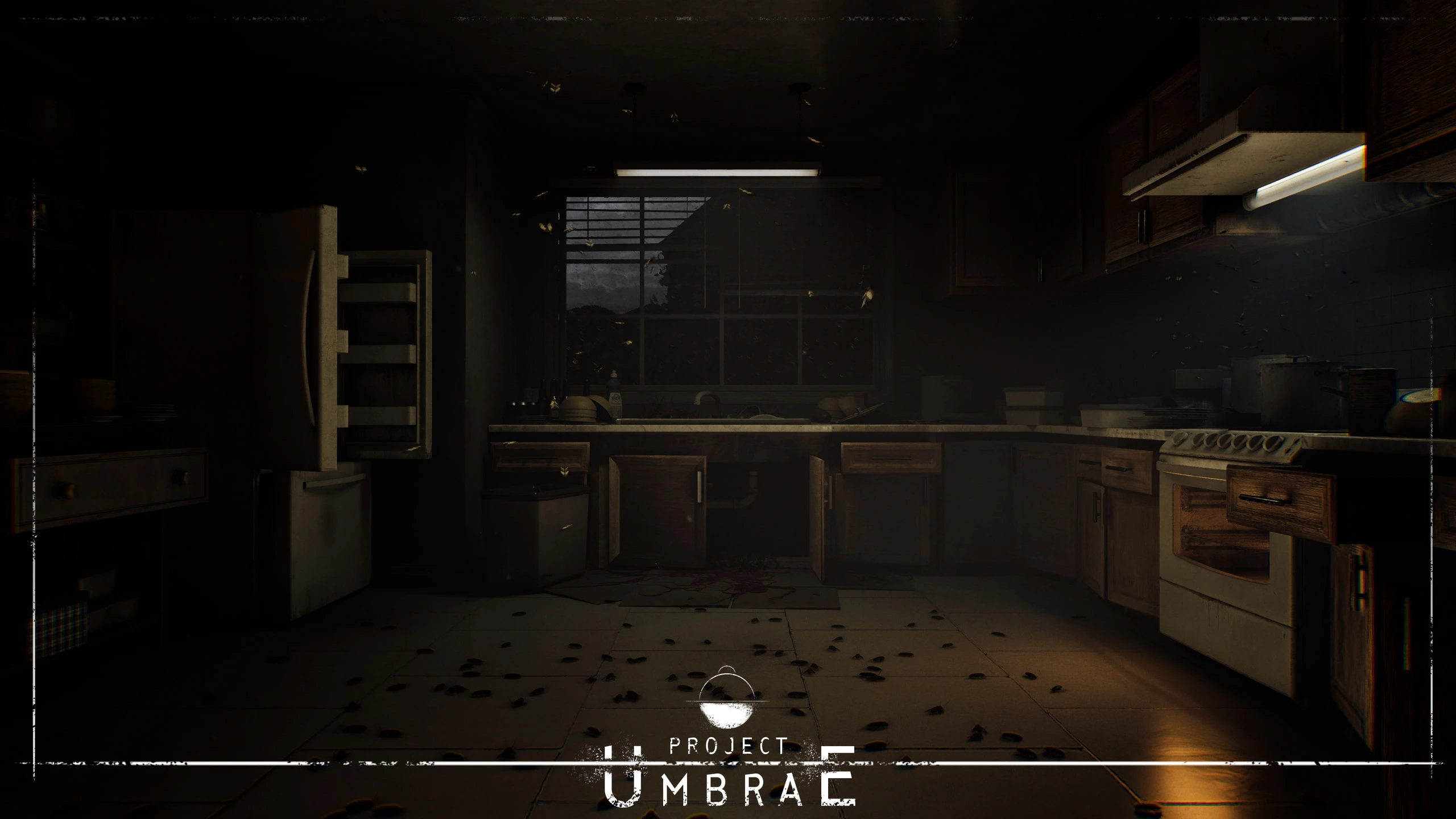 A kitchen at night under a single fluorescent strip light, cockroaches scattered across the floor between the counters and the fridge, with the Project UMBRAE logo overlaid at the bottom