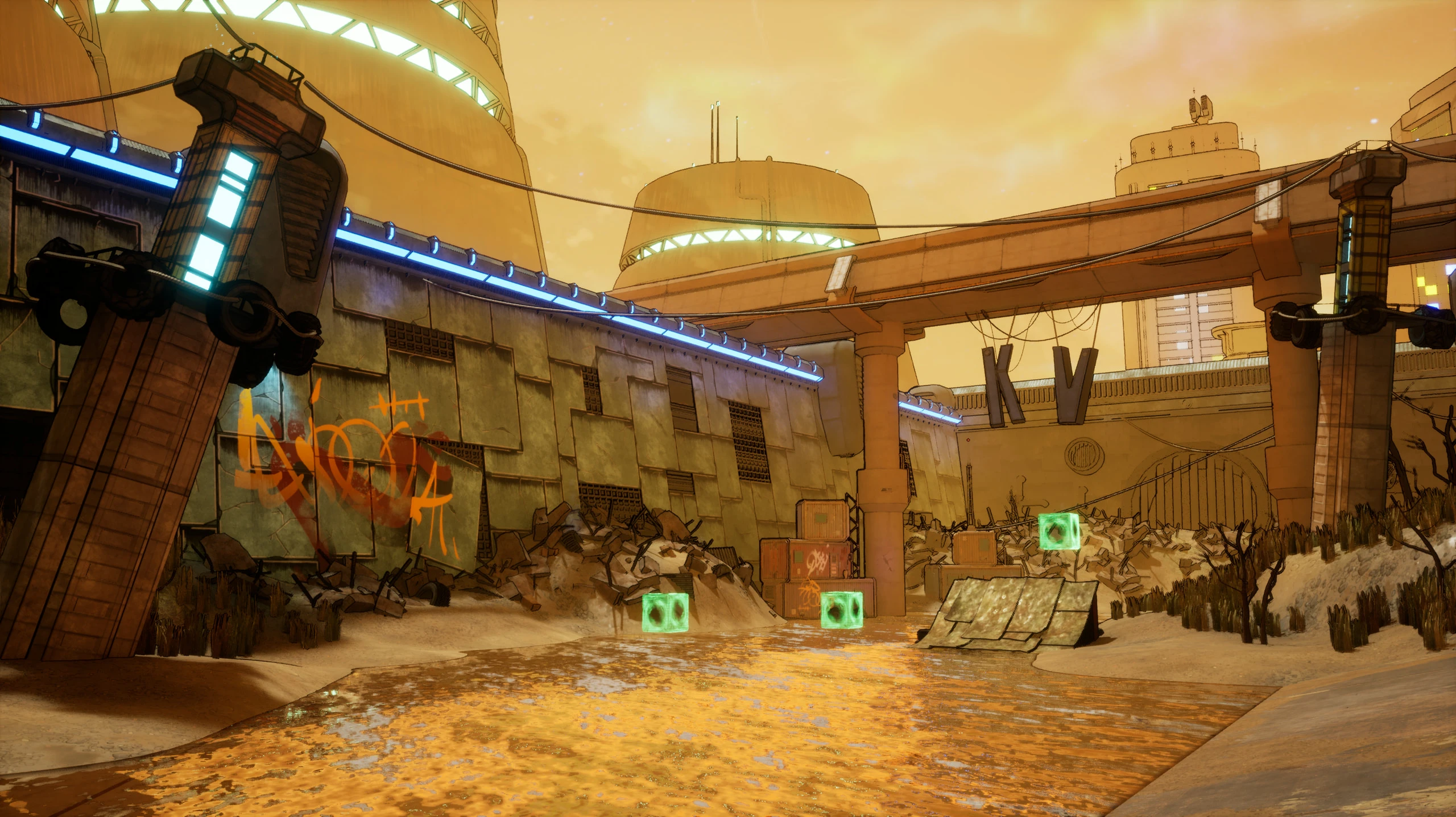 The sewer section of the track, orange lit water running between a graffiti covered wall and banks of sand and dead reeds, with green item boxes floating over the water and a highway crossing above