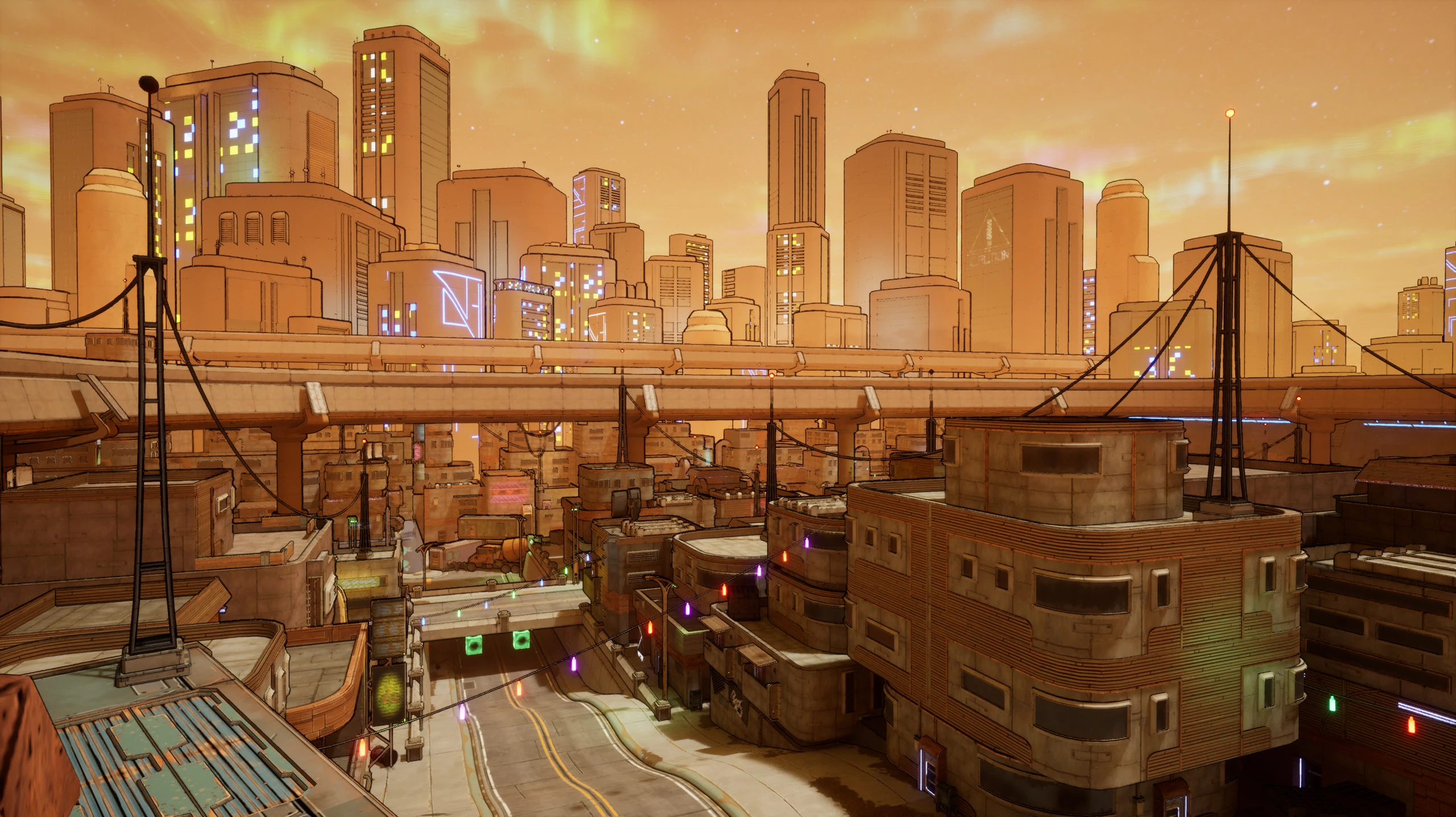 A high view over Lectra City, rooftops and cables in the foreground, a long highway across the middle and a skyline of tall towers with lit windows against a hazy orange sky