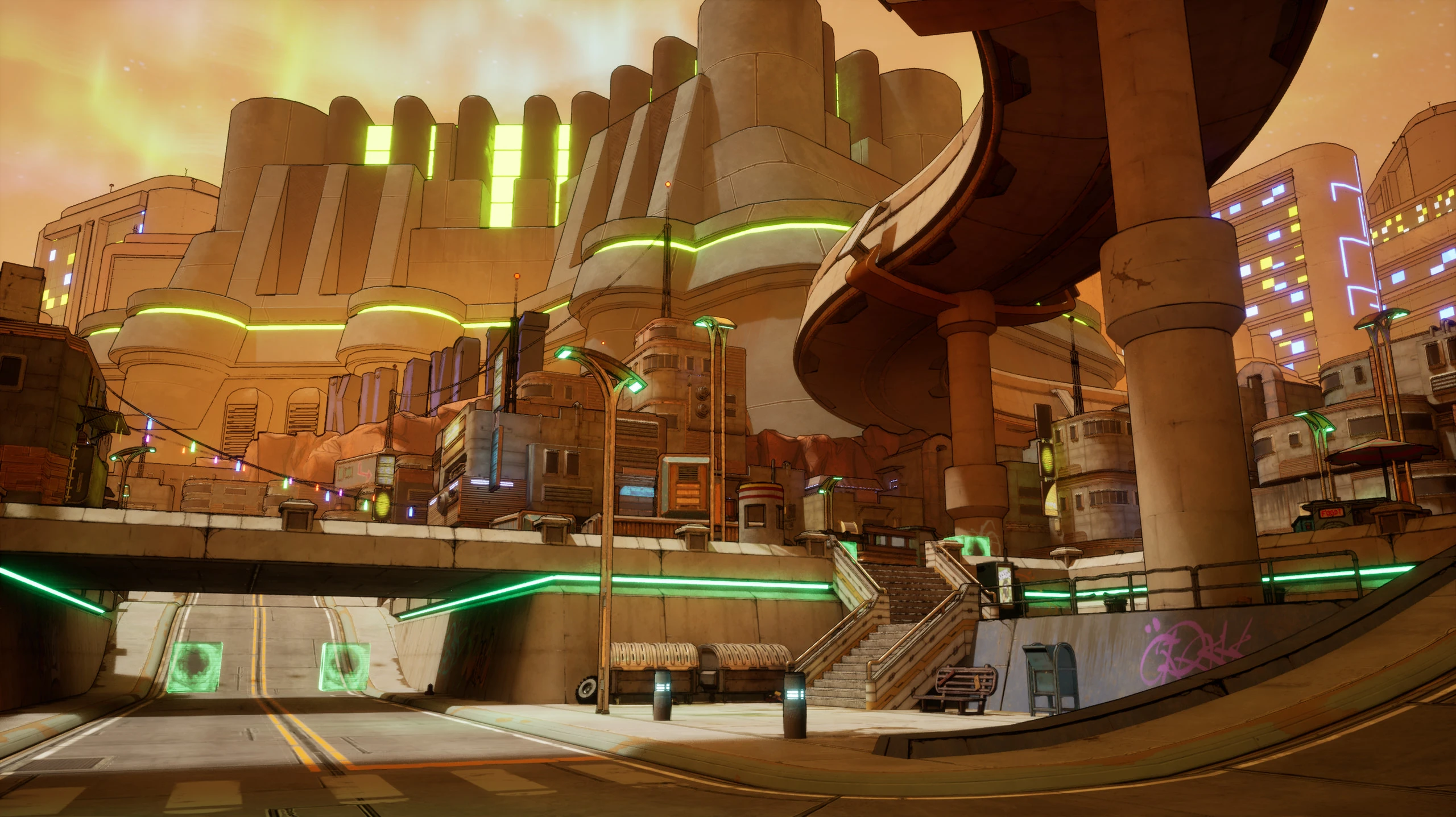 A low angle view of a street dipping under a concrete overpass lined with green neon strips, stairs climbing to a raised walkway, and a huge tiered building with glowing green windows behind it