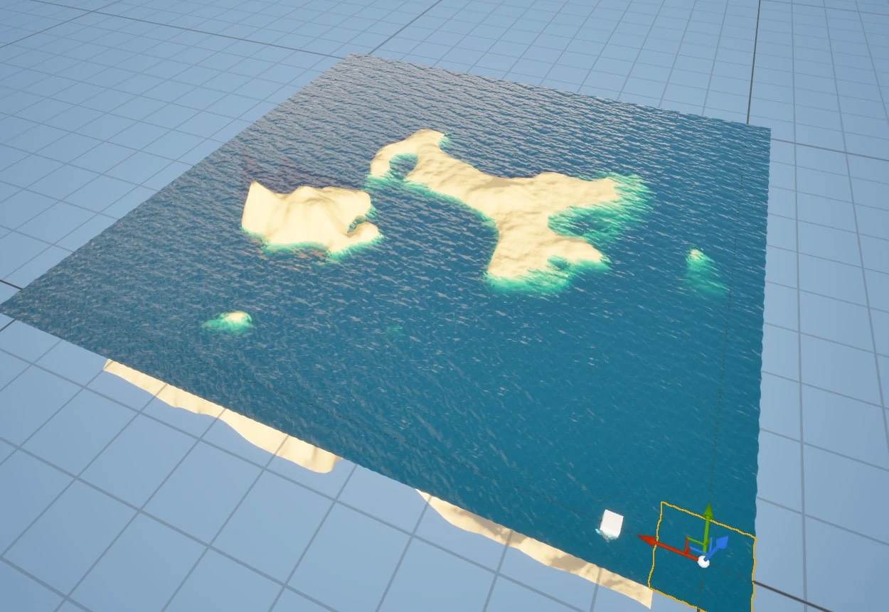 An early ocean made of duplicated tiles around a sandy landscape, the same wave pattern visibly repeating from tile to tile