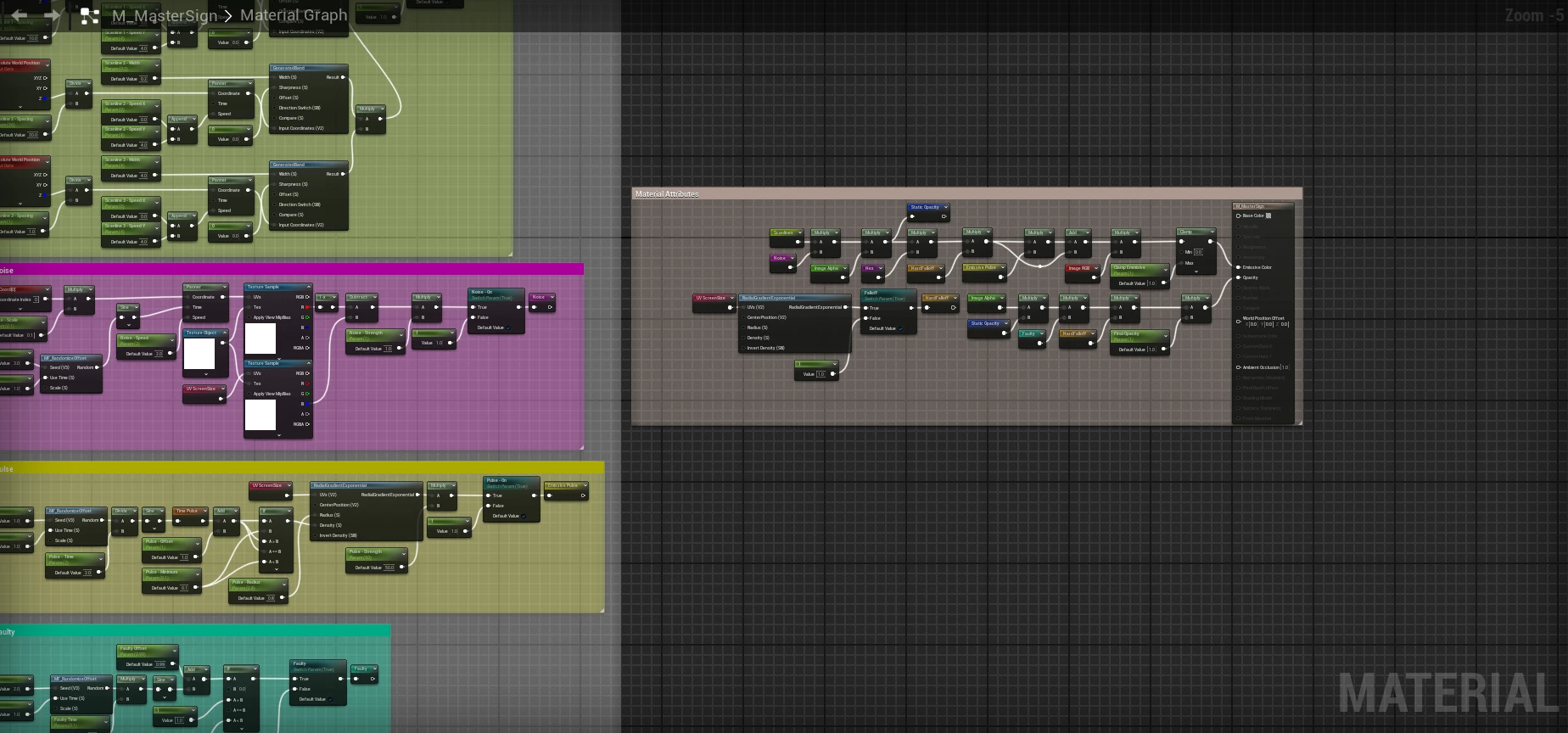 Part of the M_MasterSign material graph in Unreal: coloured comment boxes for the scanlines, noise, pulse and faulty effects on the left, feeding a Material Attributes box on the right where the effects are multiplied together and clamped into emissive colour and opacity