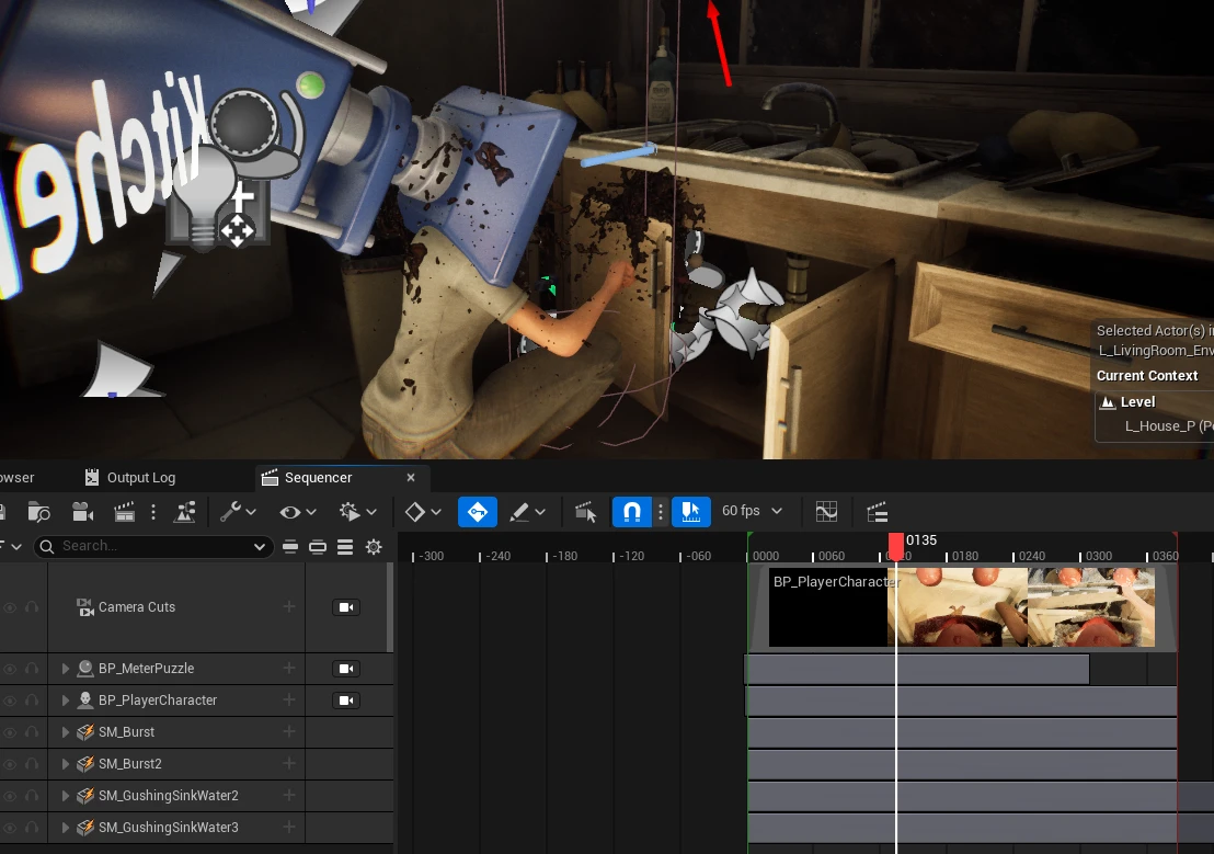The sink burst cutscene in the editor: the player character kneels at an open cupboard under the kitchen sink as dark sludge sprays from a pipe, with the Sequencer below listing BP_MeterPuzzle, BP_PlayerCharacter, SM_Burst and SM_GushingSinkWater tracks