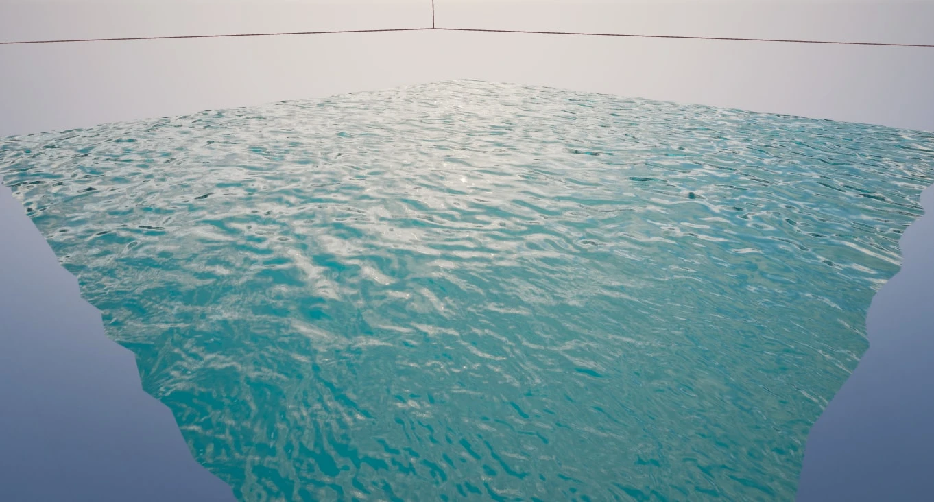 A wide shot of turquoise water covered in fine, broken ripples with bright glints of reflection, paler toward the horizon