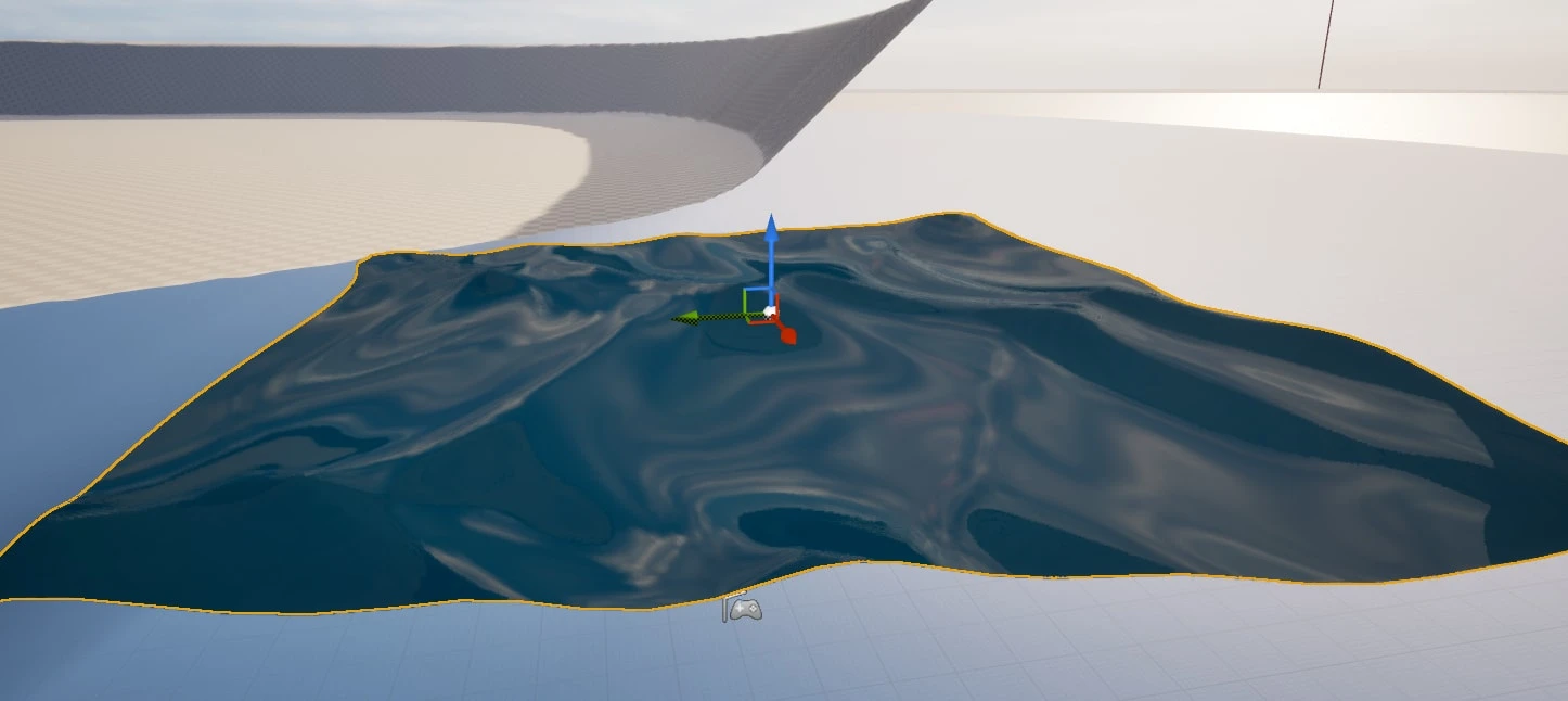 The ocean plane using the Single Layer Water shading model, dark blue with glossy rolling waves