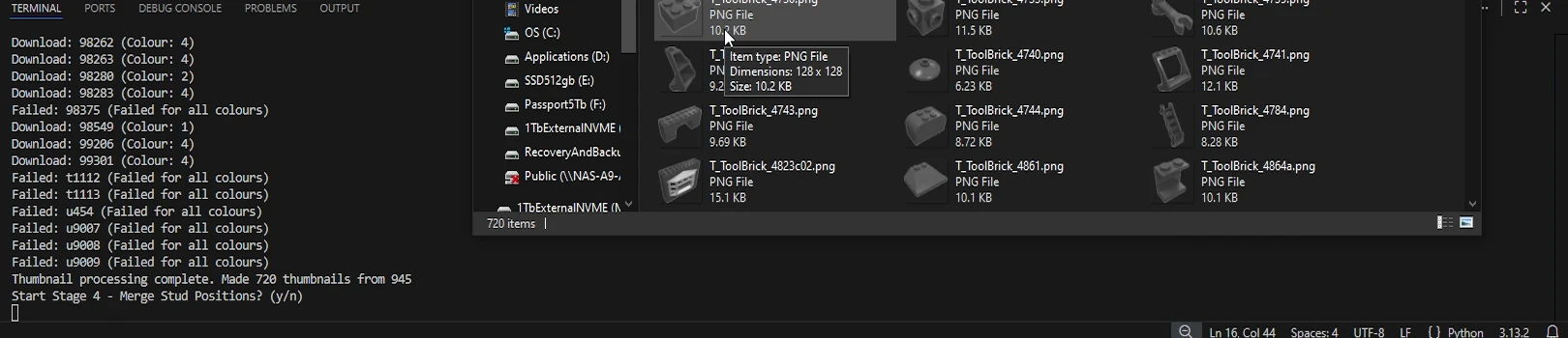 A terminal listing thumbnail downloads by part ID, a few marked as failed for all colours, ending with Thumbnail processing complete. Made 720 thumbnails from 945, beside a file explorer showing grey 128 by 128 thumbnails and a count of 720 items