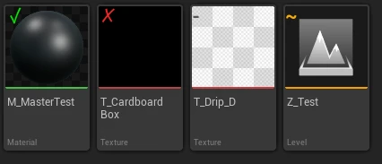 Four Content Browser tiles: M_MasterTest with a green tick, T_CardboardBox with a red cross, T_Drip_D with a grey dash, and a level called Z_Test with an orange tilde