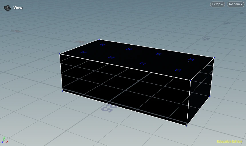 The cached geometry for part 3001 in the Houdini viewport, a black box outline of the brick with small blue points along its top edge where the studs are