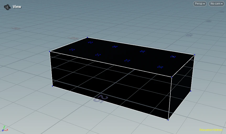 The same black box outline of the 2 x 4 brick, moved across the Houdini grid so its first stud sits on the origin