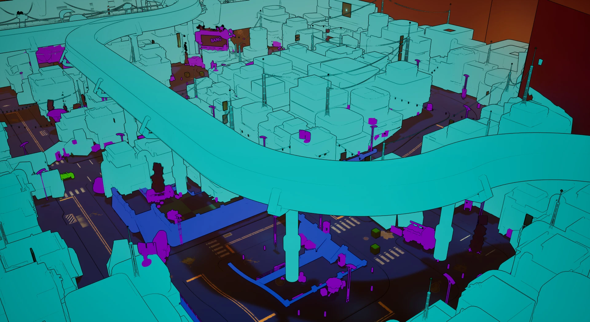Lectra City from above with level colouration on: buildings and the highway in cyan, the distant skyline and cooling towers in magenta, the road in dark blue, and props scattered in purple and green