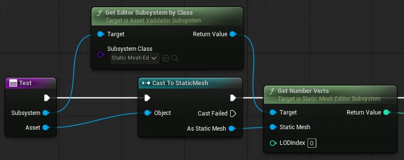 A Blueprint graph for a custom query: a Get Editor Subsystem by Class node fetching the Static Mesh Editor Subsystem, which feeds a Get Number Verts node once the asset has been cast to a static mesh