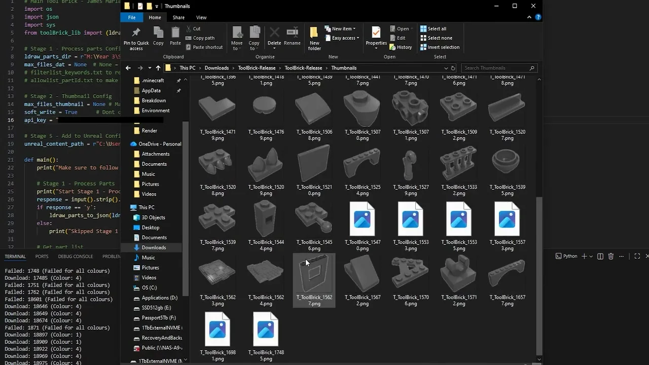 A folder of grey 128px part thumbnails beside the terminal logging each download