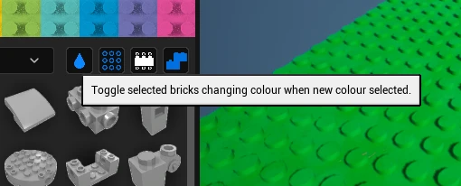 The row of four toggle buttons above the part list, a water drop, a dotted grid, a stud and a snapping icon, with a tooltip reading Toggle selected bricks changing colour when new colour selected