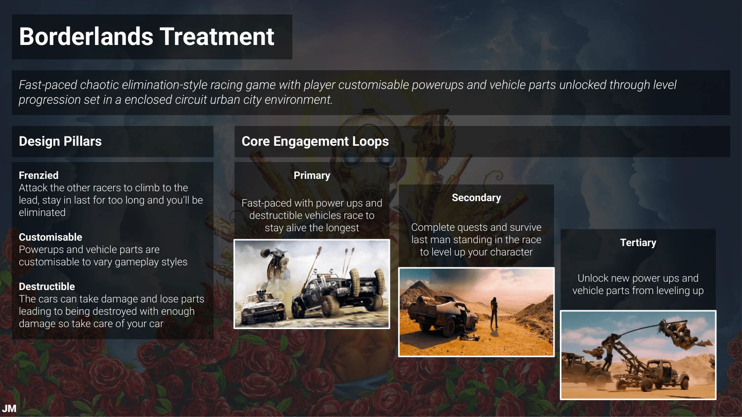 The Borderlands Treatment slide. A tagline describes a fast-paced chaotic elimination racing game with customisable powerups and vehicle parts unlocked through level progression, set in an enclosed urban circuit. Three design pillars, Frenzied, Customisable and Destructible, sit next to primary, secondary and tertiary engagement loops, each with a still of armoured vehicles in a desert.