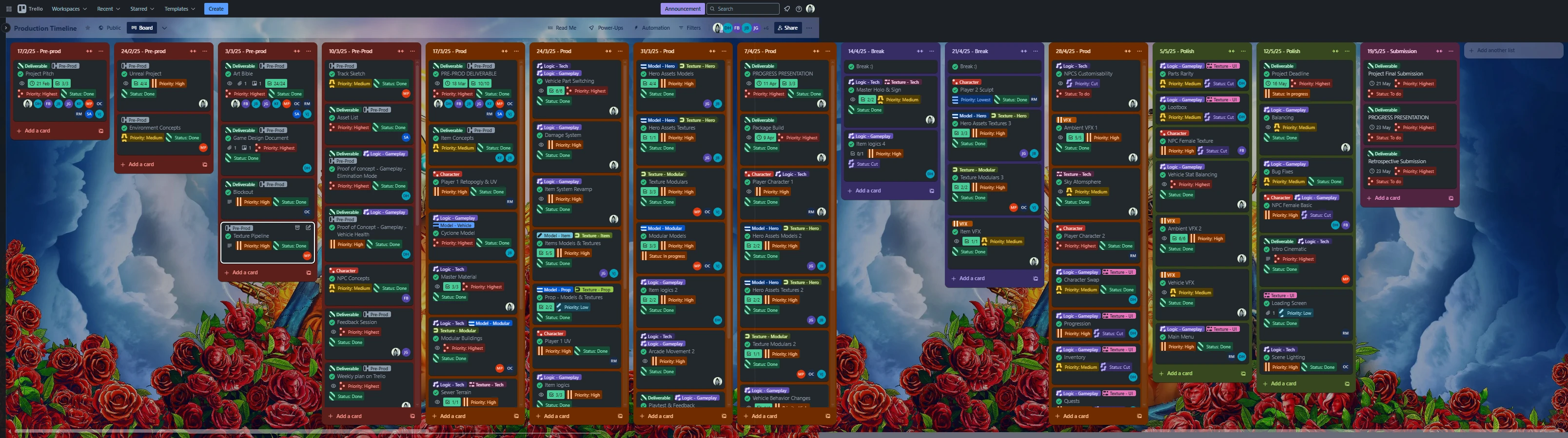 The Production Timeline Trello board, one column per week from 17/2/25 Pre-prod to 19/5/25 Submission, each card tagged with its discipline, a priority and a status, with the two break weeks in April coloured purple