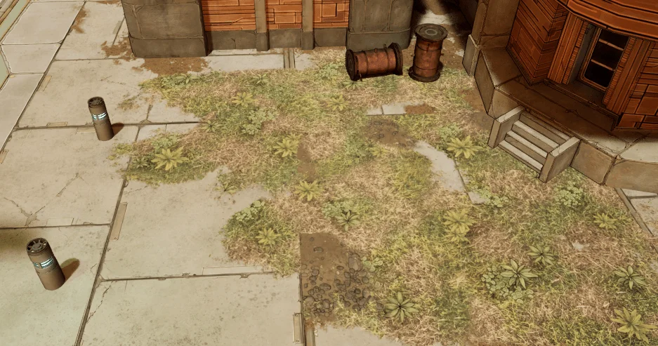 Patches of grass, dirt and pebbles vertex painted over paving stones, their edges broken up irregularly