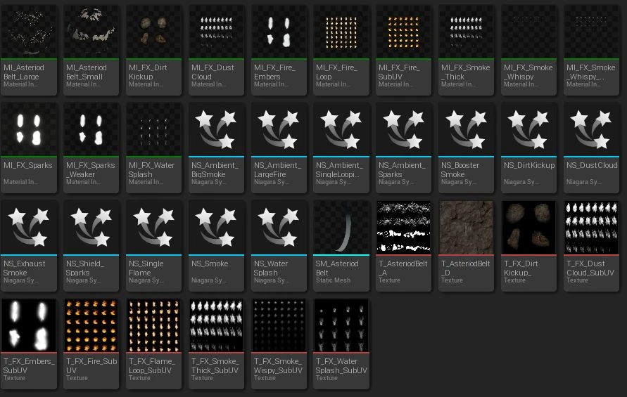 The VFX folder in the Unreal content browser: material instances like MI_FX_Fire_Loop and MI_FX_Smoke_Thick, Niagara systems including NS_Ambient_LargeFire, NS_BoosterSmoke, NS_DirtKickup, NS_ExhaustSmoke, NS_Shield_Sparks and NS_WaterSplash, and flipbook textures such as T_FX_Fire_SubUV and T_FX_Smoke_Wispy_SubUV