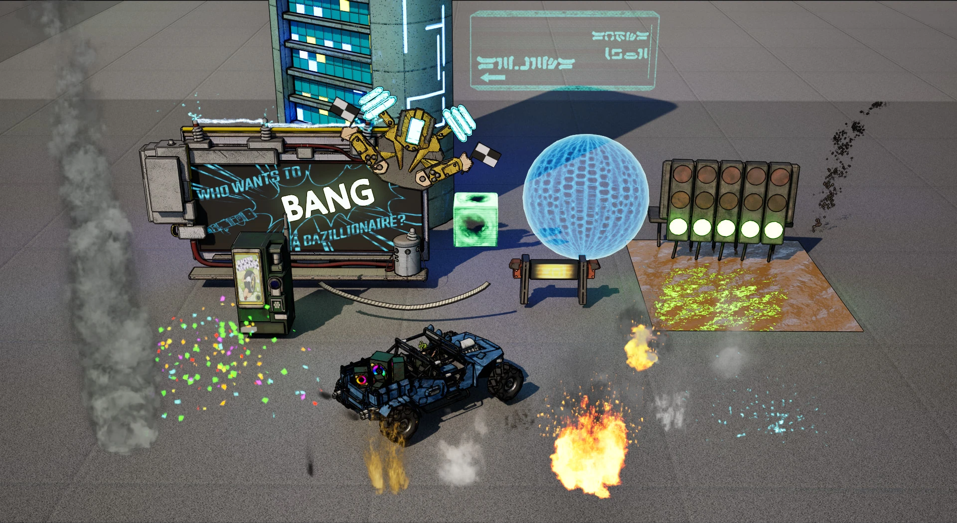 A test level laid out with the project's effects and technical assets: a column of smoke, a burst of confetti, fires, sparks and dust puffs around a buggy, a blue shield bubble, the start lights, a holographic sign, the BANG billboard with a Claptrap on top and a green item box