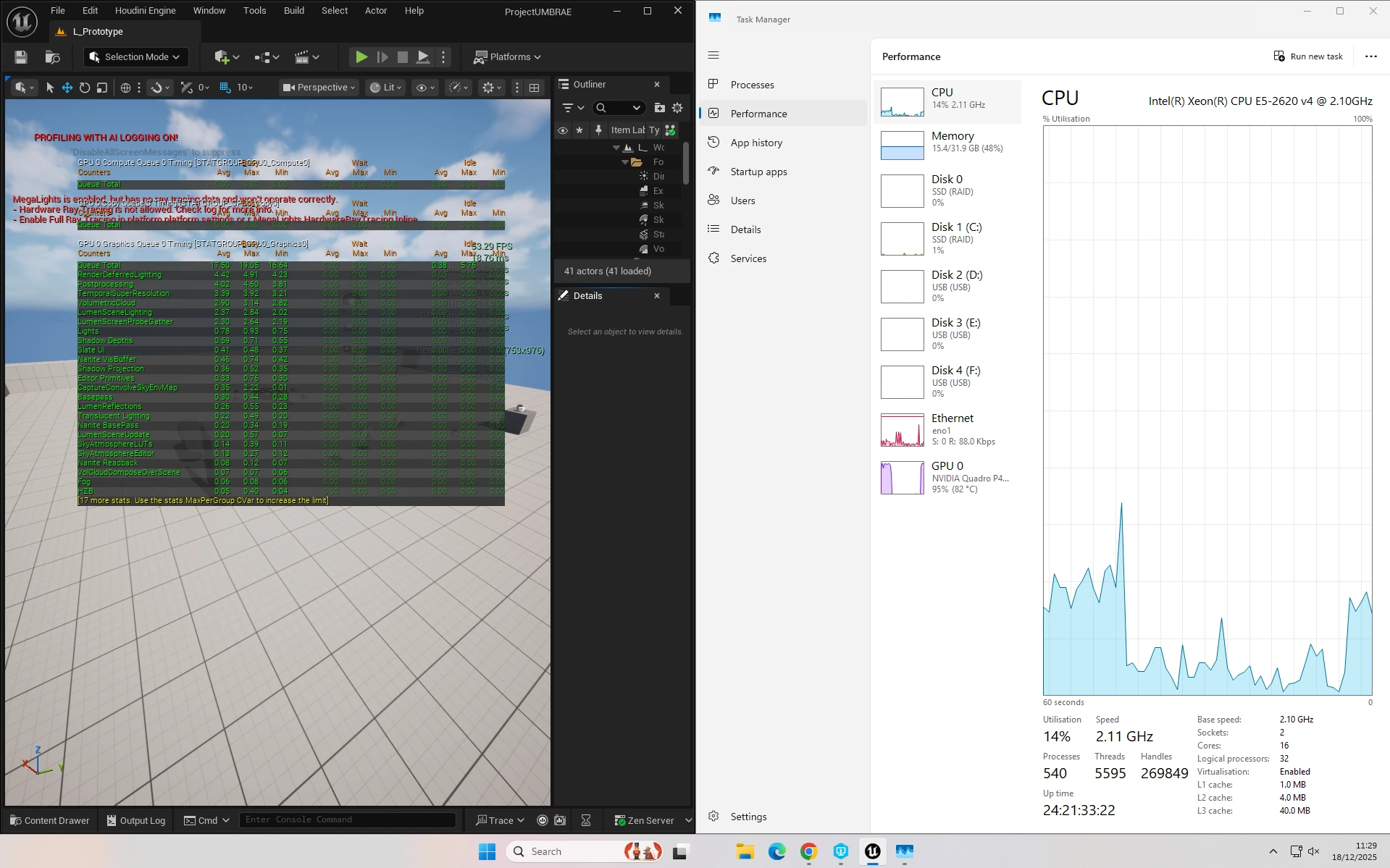 The editor running the empty prototype level beside Windows Task Manager on a classroom PC: a dual Xeon E5-2620 v4 at 2.10GHz with 32 logical processors sitting at 14% CPU while the NVIDIA Quadro GPU shows 95%, and a red warning in the viewport that MegaLights has no ray tracing data and hardware ray tracing is not allowed
